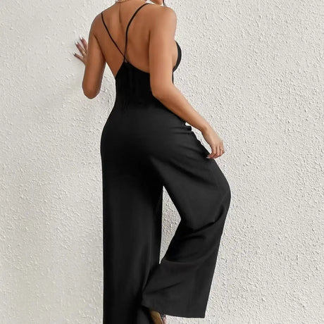 Ladies' Cross Leisure Vacation Lazy Backless Wide Leg Pants Camisole Skirt Jumpsuit - Lootquake