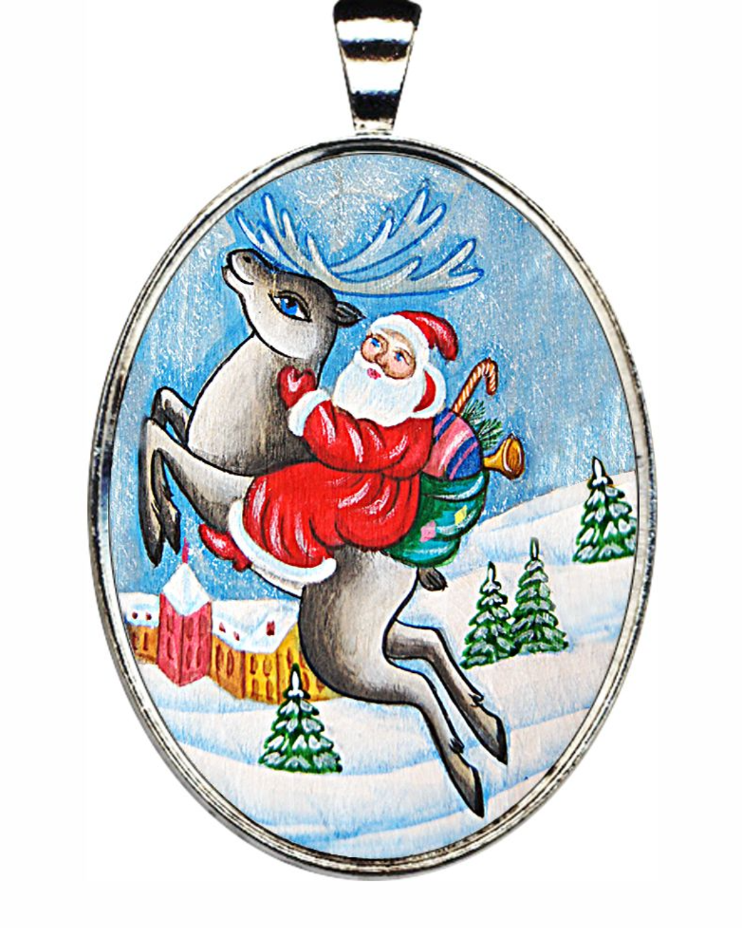Reindeer Ride Silver Plated Medal Pendant Necklace - 44154O