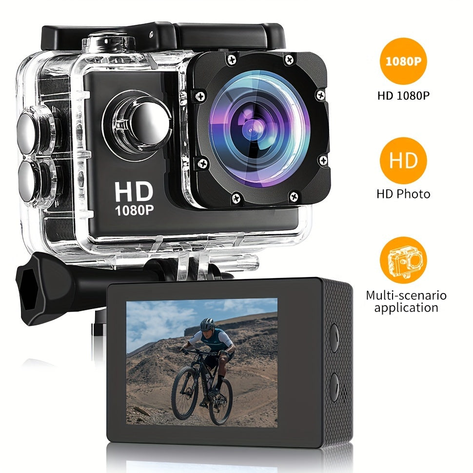 Caméra d'action HD 1080p avec objectif ultra grand angle 140°, exposition automatique, stabilisation numérique, effet fisheye, batterie rechargeable, stockage sur carte SD, format vidéo MP4 pour les prises de vue sportives en extérieur