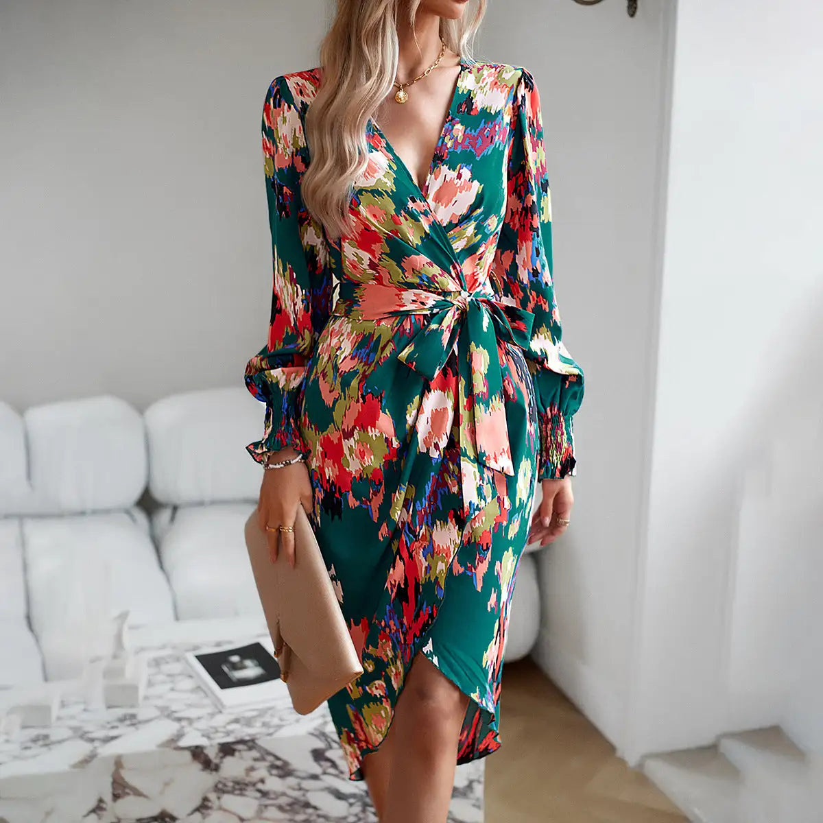 Printed Dress 2023 Autumn Winter Elegant V-neck Dress - Lootquake