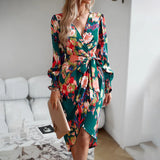 Printed Dress 2023 Autumn Winter Elegant V-neck Dress - Lootquake