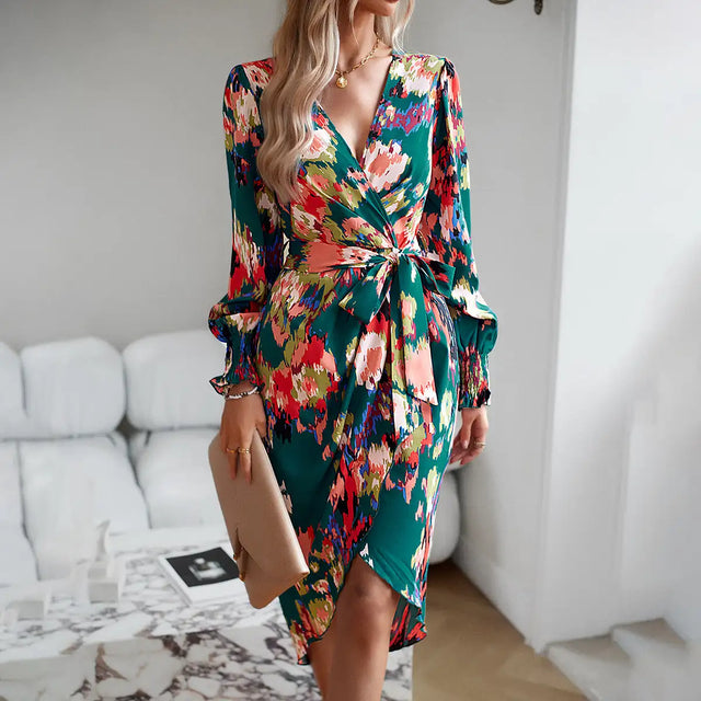 Printed Dress 2023 Autumn Winter Elegant V-neck Dress - Lootquake