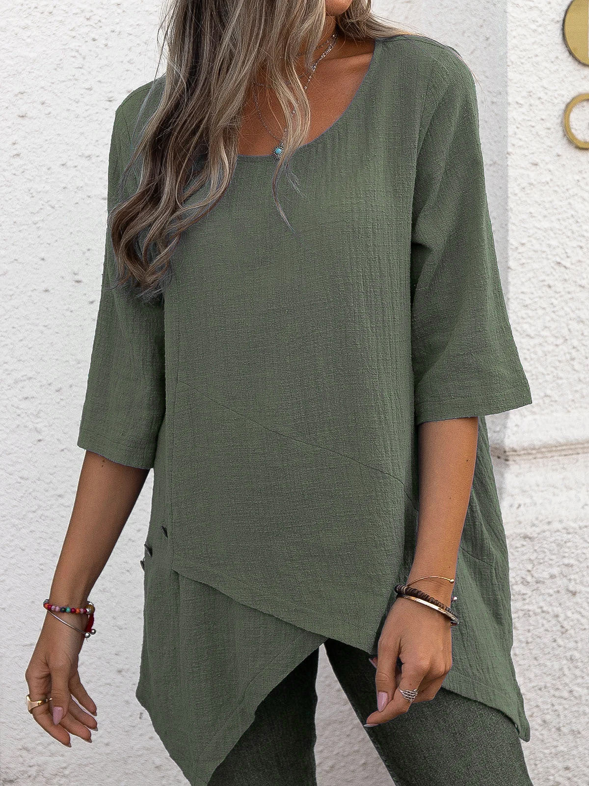 Cotton Linen Round-neck Irregular Shirt Half Sleeve Shirt