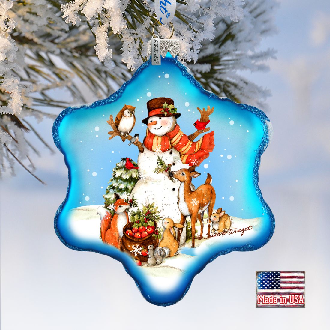 Night Forest Snowman Glass Ornament by Susan Winget - Christmas Santa and Snowman Decor - 754-201-SW