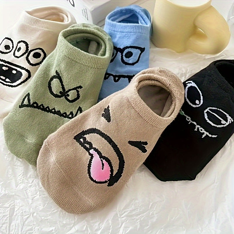 5 pares de calcetines con estampado de dibujos animados, divertidos y transpirables, de corte bajo, para mujer.
