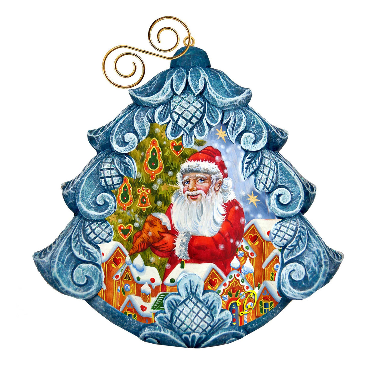 Adorno navideño esculpido y pintado a mano con Papá Noel glaseando el árbol de jengibre, de G. DeBrekht - Decoración navideña de muñeco de nieve de Papá Noel - 610278