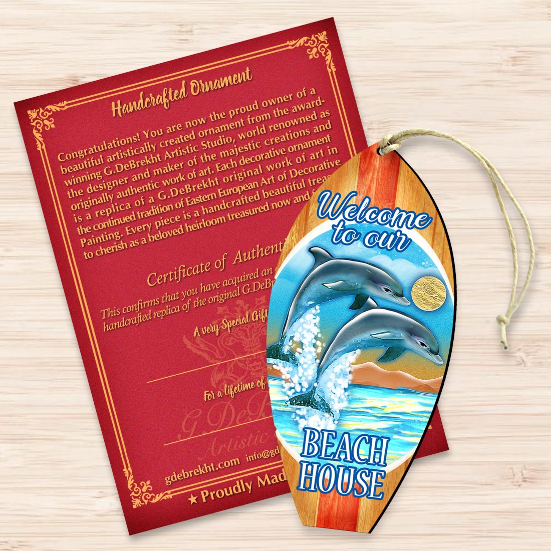 Dolphins Surfboard Wooden Ornaments by G. DeBrekht - Coastal Holiday Decor - 8114070