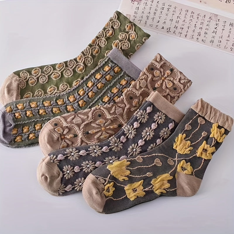 5 Pairs of Ultra-Soft Floral Pattern Womens Mid Tube Socks - Moisture-Wicking, Fashionable & Comfortable - Assorted Designs for Everyday Wear - Stockings & Hosiery Collection