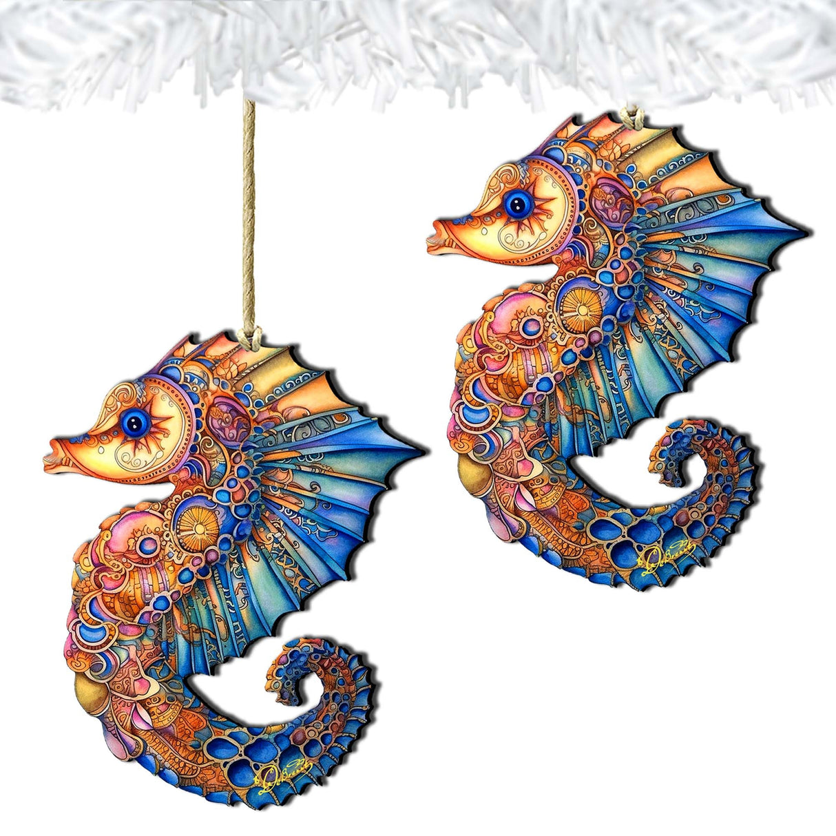 Nautical Christmas Ornaments - Mosaic Seahorse Wooden Ornaments by G.Debrekht Coastal Holiday Decor - 8688191
