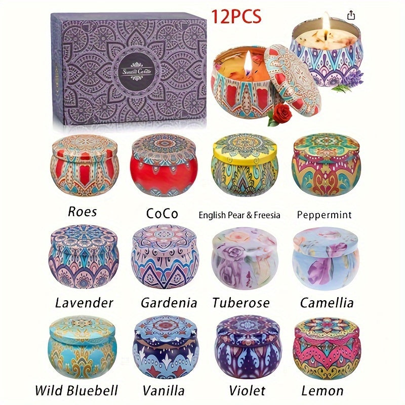 Set Of 12 Scented Candle Boxes (aroma: Rose, Co Co, Freesia, Peppermint, Lavender, Gardenia, Tuberose, Camellia, Wild Bluebell, Vanilla, Violet, Lemon ) With Random Jar Colors, Candles For Stress Relief, Relaxation, Bathing,