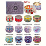 Set Of 12 Scented Candle Boxes (aroma: Rose, Co Co, Freesia, Peppermint, Lavender, Gardenia, Tuberose, Camellia, Wild Bluebell, Vanilla, Violet, Lemon ) With Random Jar Colors, Candles For Stress Relief, Relaxation, Bathing,