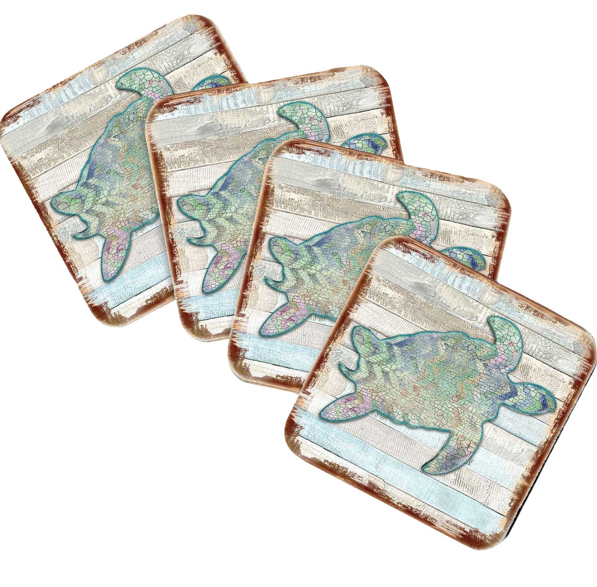 Sea Turtle Coastal Wooden Cork Coasters Gift Set of 4 by Nature Wonders - Coastal Sea-Life Decor - 8198518-9C-S4