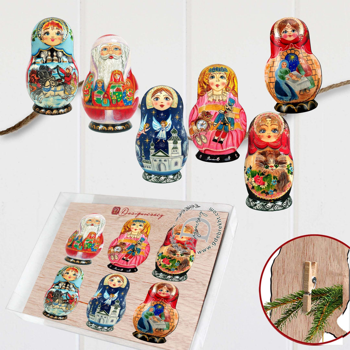 Nested Dolls Decorative Wooden Clip-on Ornaments Set of 6 by G. Debrekht - Christmas Decor - 8090130C-S6