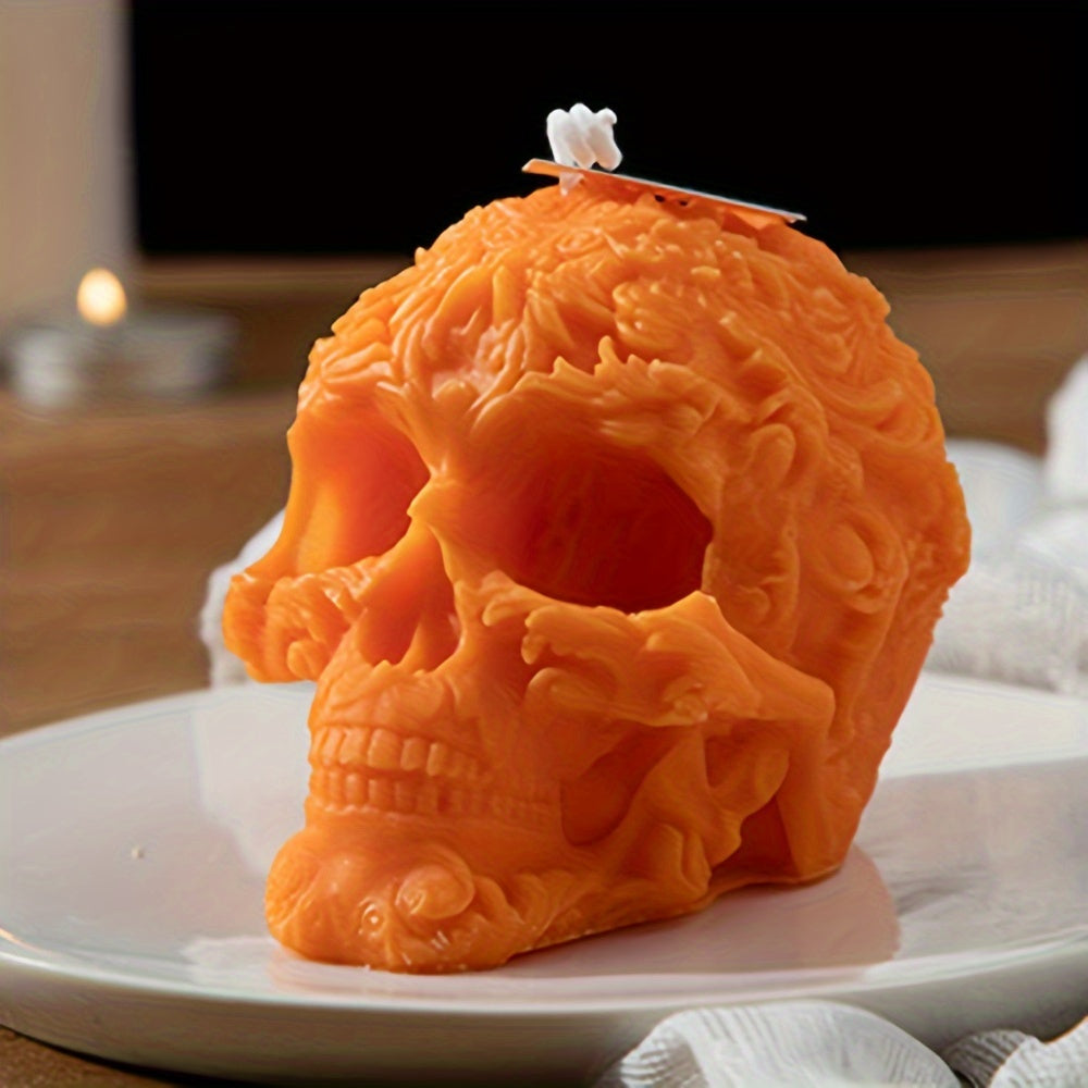 Bougie d'aromathérapie Crâne d'Halloween - Bougie parfumée à la cire de soja à mèche unique dans un pot, de forme ovale avec embellissements pailletés pour une décoration d'ambiance festive