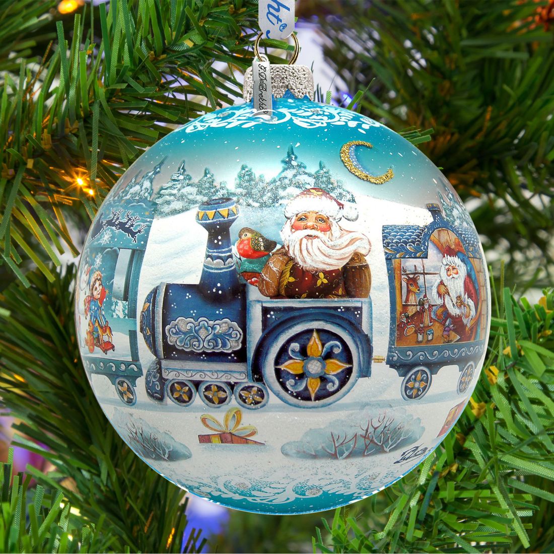 Adorno de bola de cristal de tren expreso, edición limitada, de G. DeBrekht - Decoración navideña de Papá Noel y muñeco de nieve - 73873B