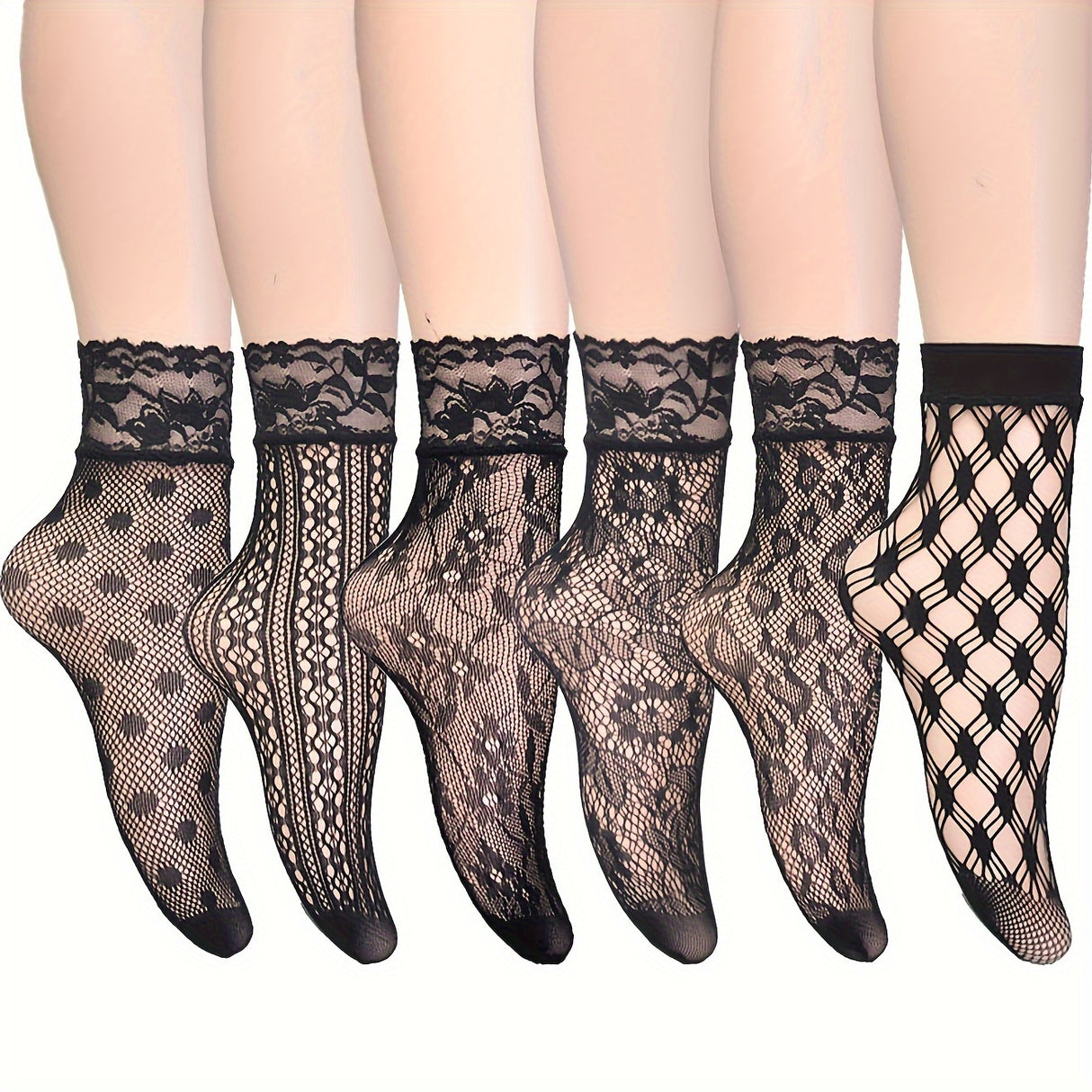 6 pares de calcetines de rejilla con encaje floral, calcetines tobilleros ultrafinos, medias y calcetería para mujer