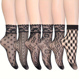 6 pares de calcetines de rejilla con encaje floral, calcetines tobilleros ultrafinos, medias y calcetería para mujer