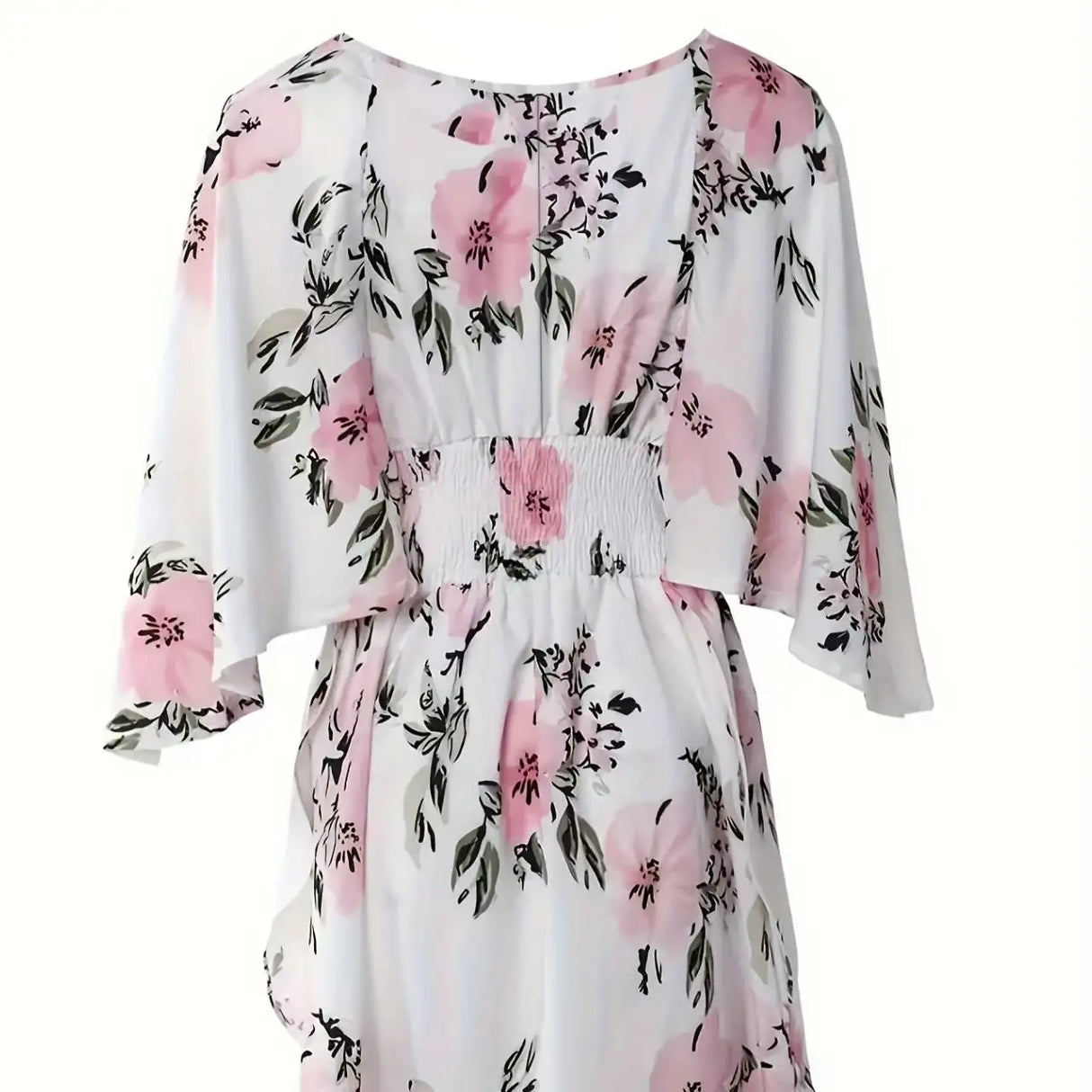 Ladies' Floral Print Waist With Ruffled Edges, Big V-neck, Sexy Asymmetrical Hem, Elegant Seaside Vacation Style Short Dress - Lootquake