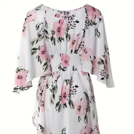 Ladies' Floral Print Waist With Ruffled Edges, Big V-neck, Sexy Asymmetrical Hem, Elegant Seaside Vacation Style Short Dress - Lootquake