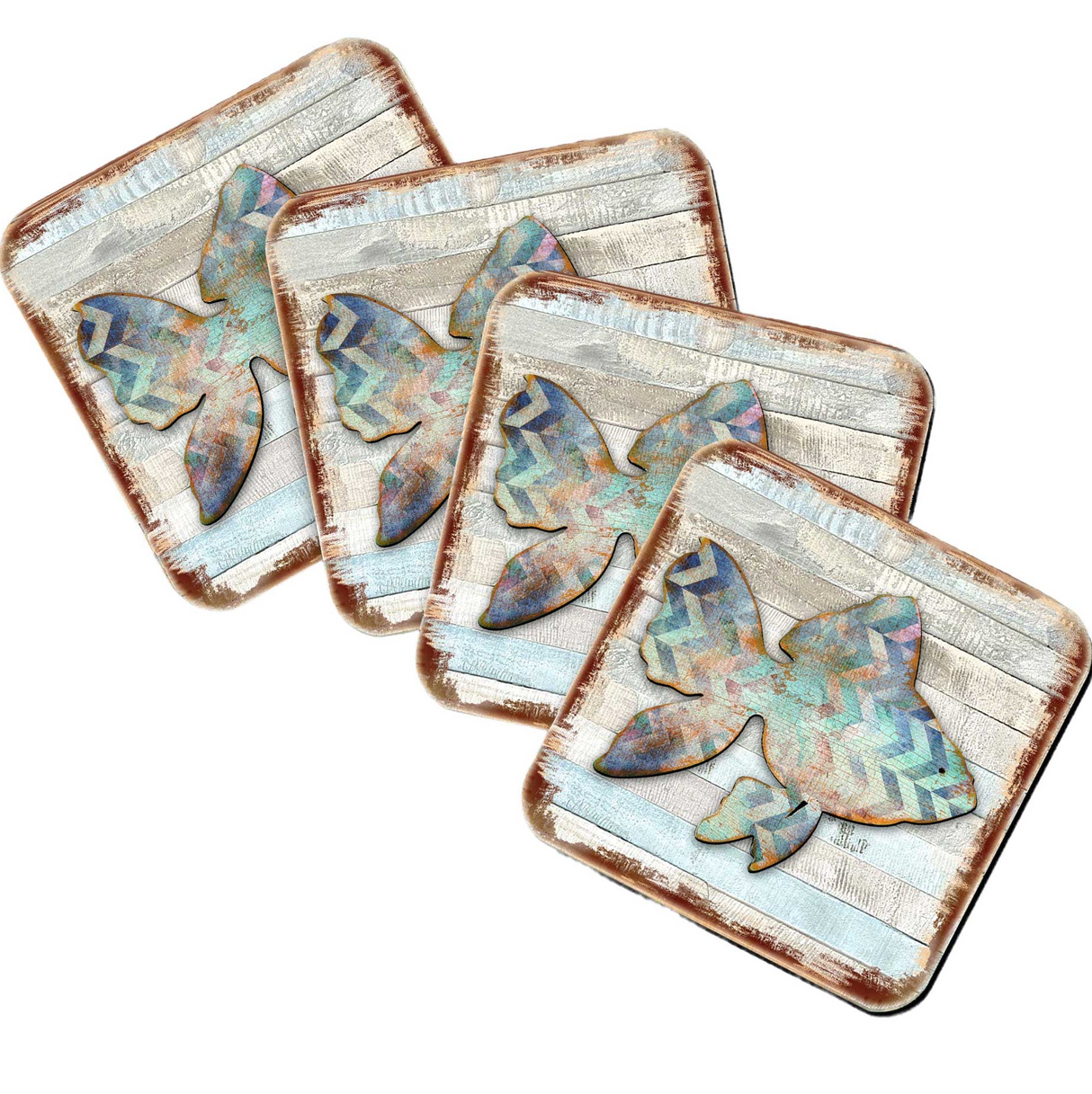 Fish Coastal Wooden Cork Coasters Gift Set of 4 by Nature Wonders - Coastal Sea-Life Decor - 8198534-9C-S4