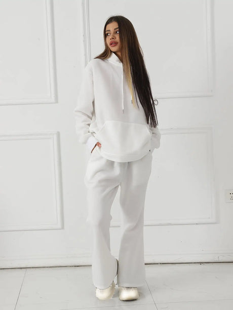 Women's Fashionable Casual Solid Color Long Sleeved Sweatshirt Set - Lootquake