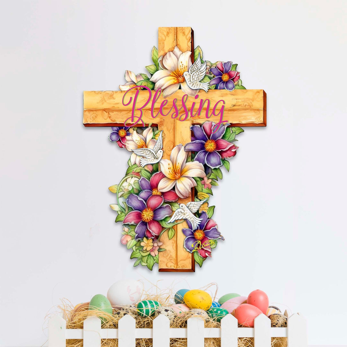 Floral Dove Blessing Cross Holiday Door Decor by G. Debrekht - Easter Spring Decor - 8688163H