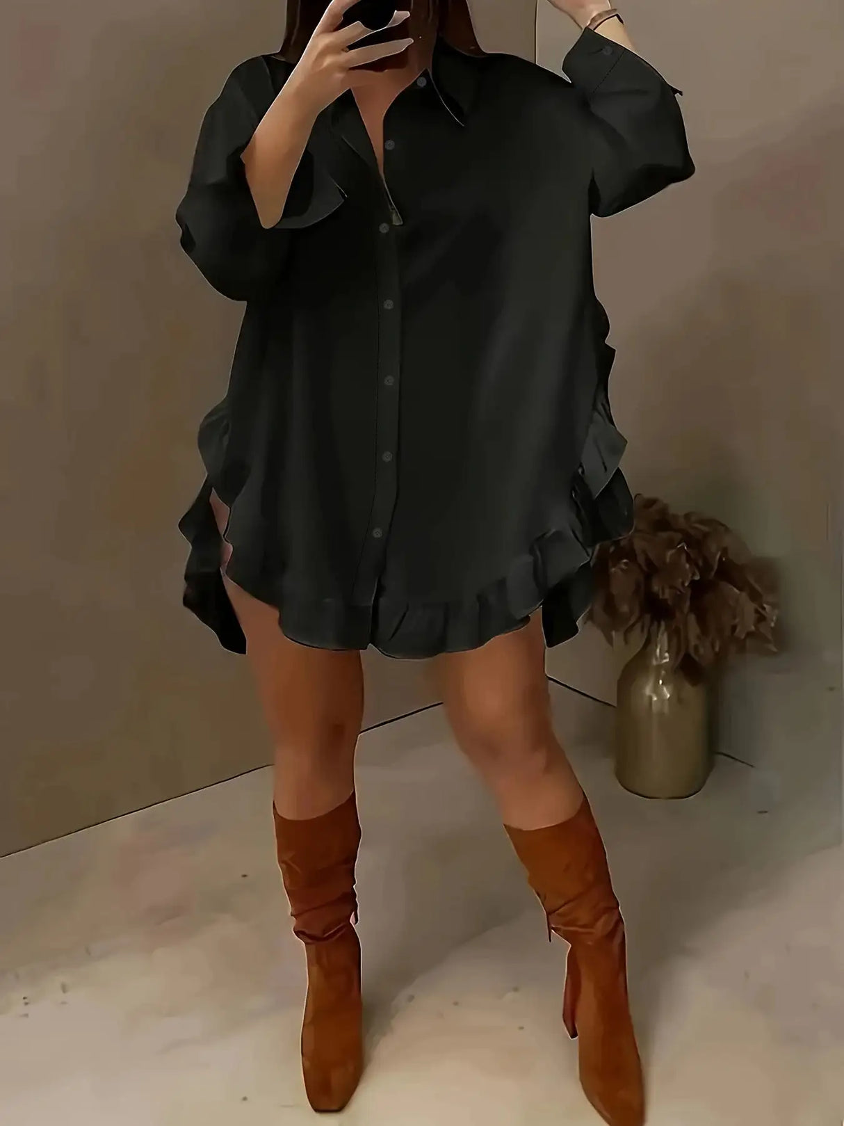 Hem Ruffled Casual Long Sleeve Shirt - Lootquake