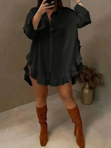 Hem Ruffled Casual Long Sleeve Shirt - Lootquake