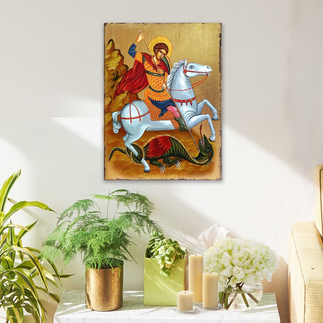 Icono sagrado ortodoxo religioso de madera de San Jorge, bañado en oro - Decoración inspiradora - 85013