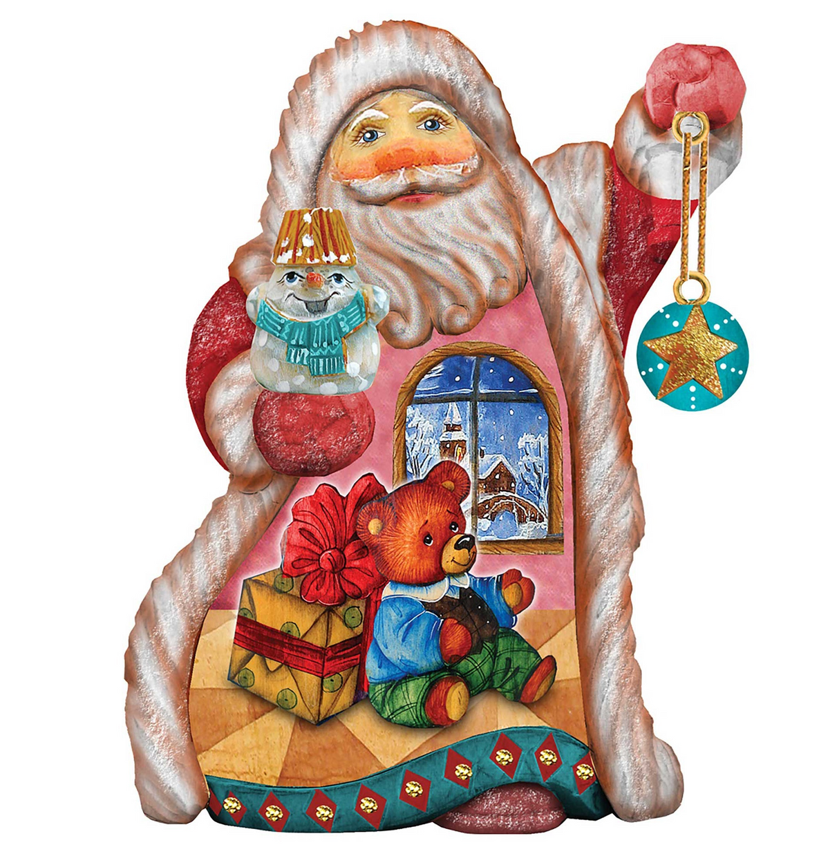 Figura navideña de osito de peluche esculpida y pintada a mano por G. DeBrekht - Decoración navideña de muñeco de nieve de Papá Noel - 661531