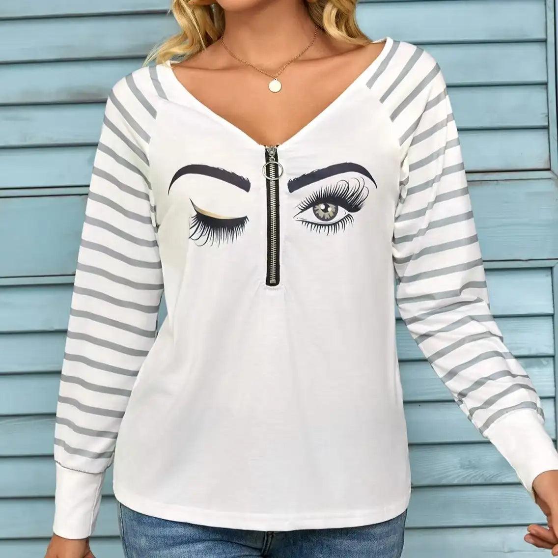 Ladies' Casual Striped See Through Mesh Raglan Long Sleeved V-neck T-shirt Top - Lootquake