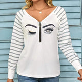 Ladies' Casual Striped See Through Mesh Raglan Long Sleeved V-neck T-shirt Top - Lootquake