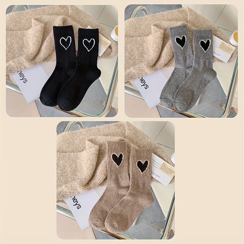 Lot de 3/5 paires de chaussettes côtelées à motif cœur, chaussettes mi-hautes confortables et douces, bas et collants pour femmes