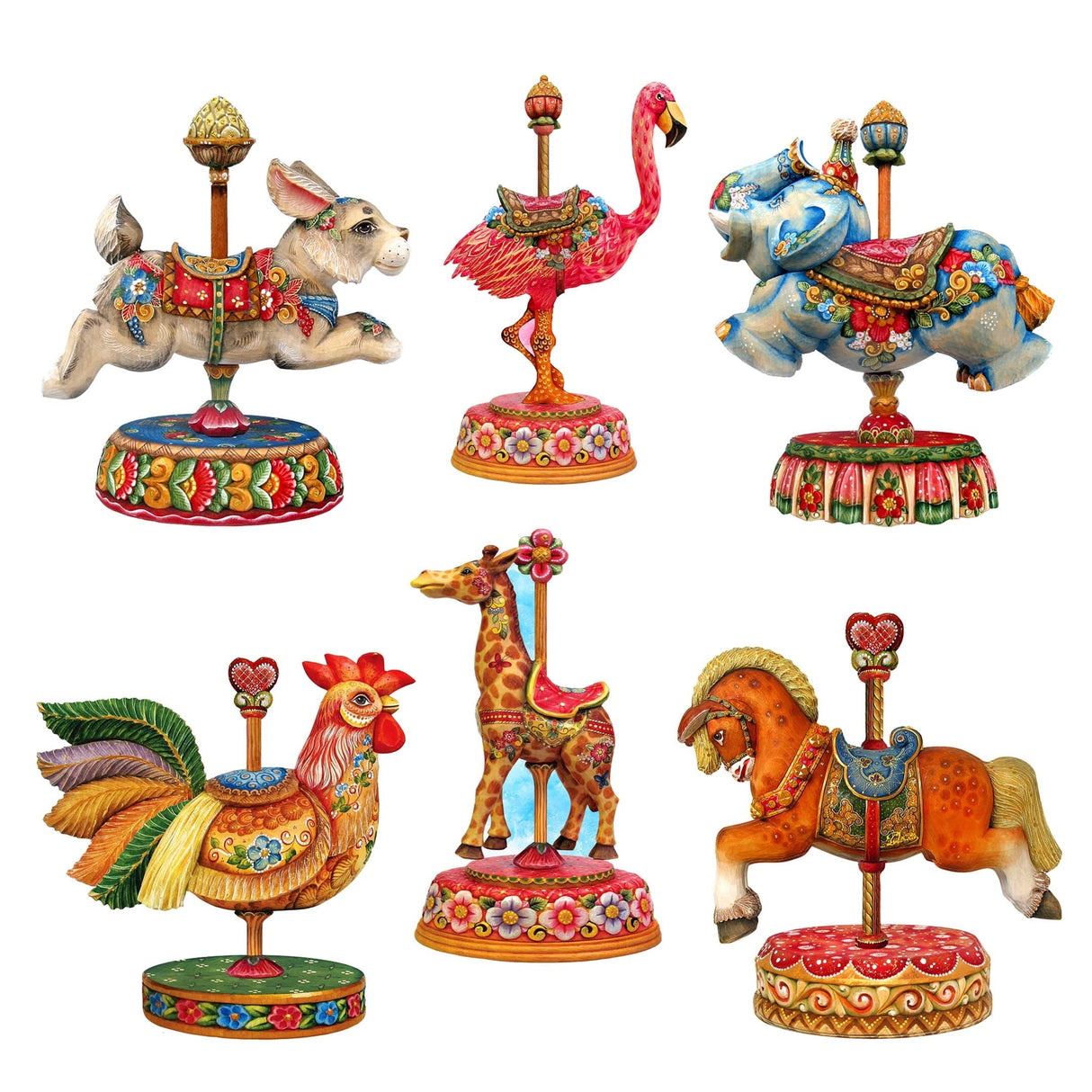 Carousel Decorative Wooden Clip-on Ornaments Set of 6 by G. Debrekht - Christmas Decor - 8090137C-S6