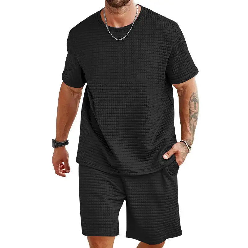 Sports Casual Suit Solid Color Round Neck T-shirt Shorts - Lootquake