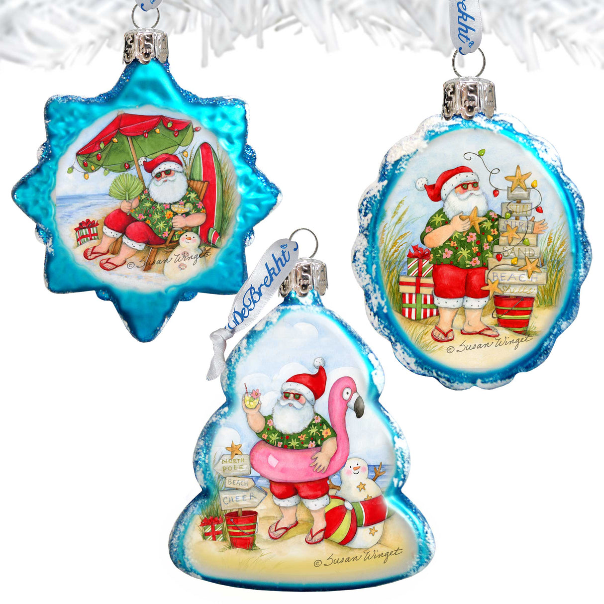 Christmas at the Beach Mercury Glass Ornaments Set of 3 by Susan Winget - Santa and Snowman Decor
