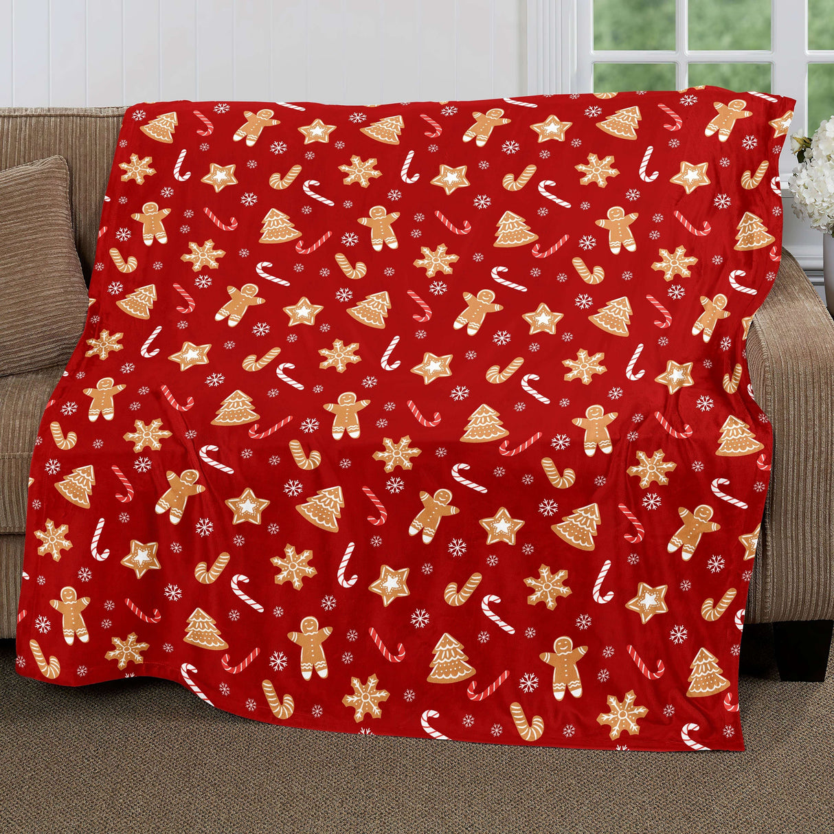 Couverture de Noël, bonhomme en pain d'épices rouge, plaid doux et chaud pour canapé, bureau, lit, camping, voyage, cadeau polyvalent pour toutes les saisons.