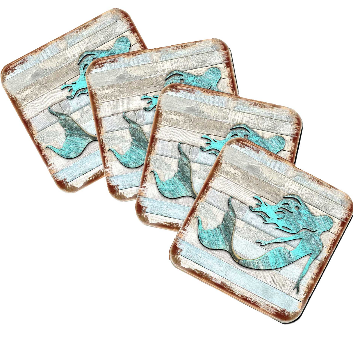 Mermaid Coastal Wooden Cork Coasters Gift Set of 4 by Nature Wonders - Coastal Sea-Life Decor - 8198514-9C-S4