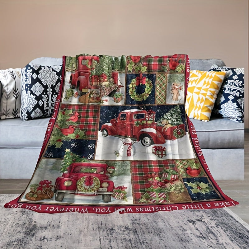 1pc Cozy Christmas Car Print Flannel Blanket - Ultra-Soft, Warm, and Lightweight Throw Blanket for Couch, Sofa, Office, Bed, Camping, and Travel - Multi-Purpose, All-Season Gift Blanket for Family and Friends with Versatile U