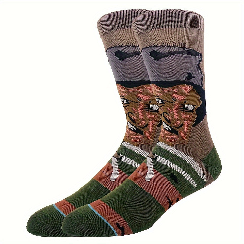 1/5 paires de chaussettes tendance pour homme, motif dessin animé Halloween Noël, respirantes, confortables et décontractées, unisexes, pour l'extérieur, toutes saisons, style urbain