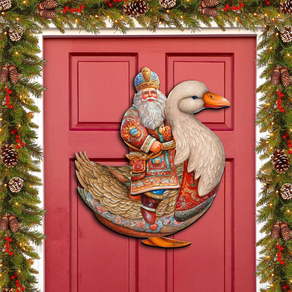 Charming Santa Riding Goose Holiday Door Decor by G. Debrekht - Christmas Santa Snowman Decor - 8611063H