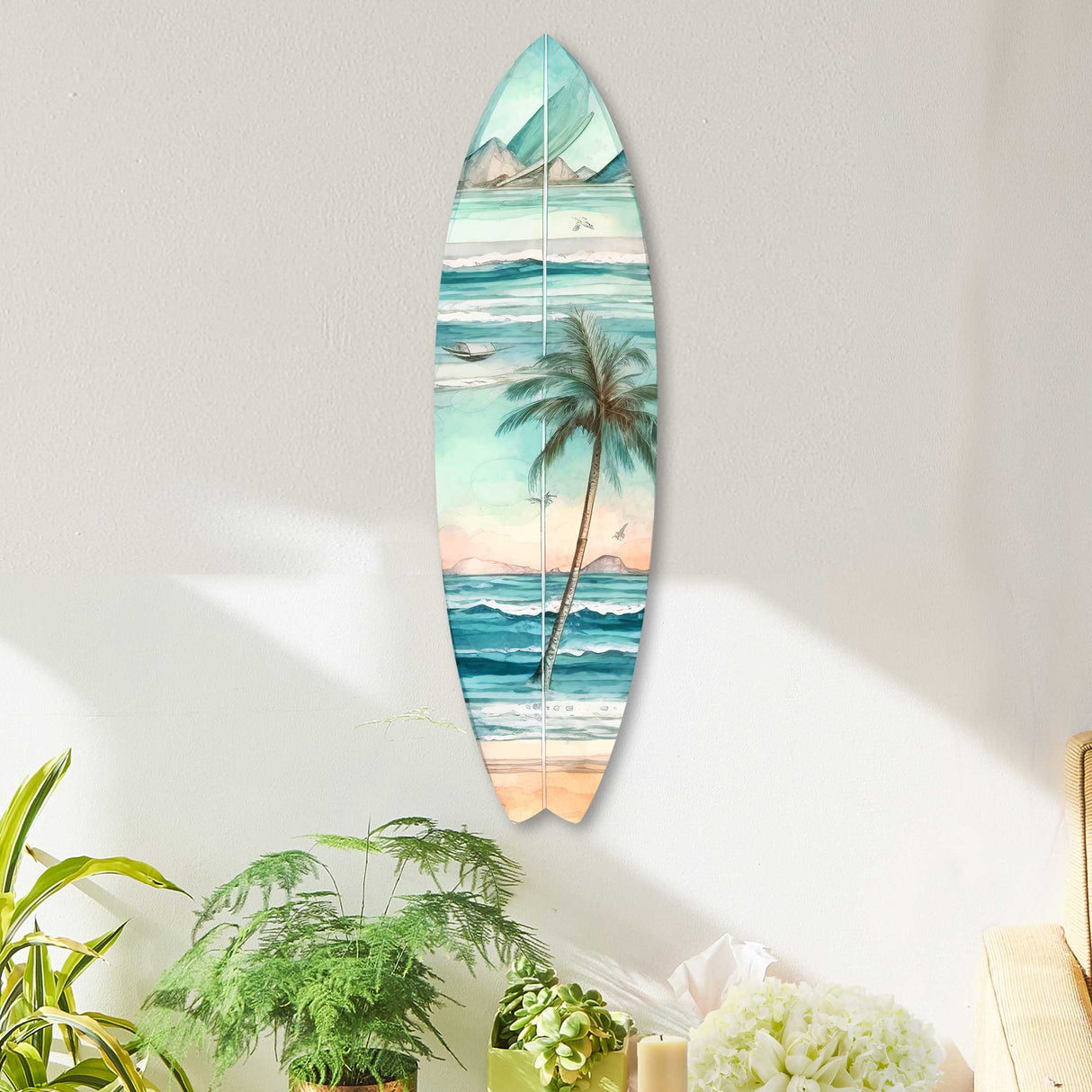 Tabla de surf con palmeras tropicales, arte mural costero de G. DeBrekht - Decoración costera navideña - 8490112HS
