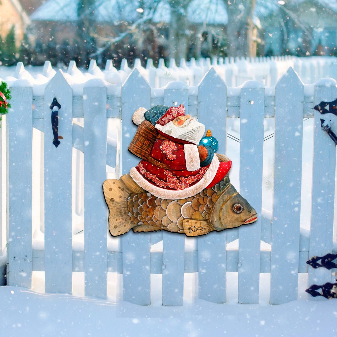 Decoración navideña para puerta con Papá Noel y pez dorado de G. DeBrekht - Decoración navideña con Papá Noel y muñeco de nieve - 8121635H