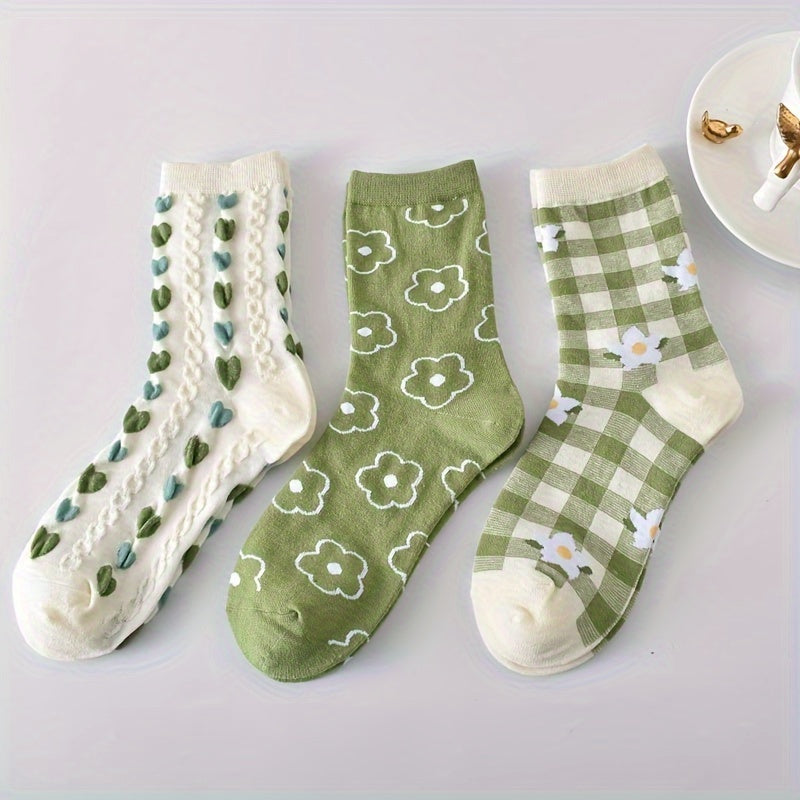 5 paires de chaussettes à imprimé floral, chaussettes mi-hautes douces et confortables, bas et collants pour femmes