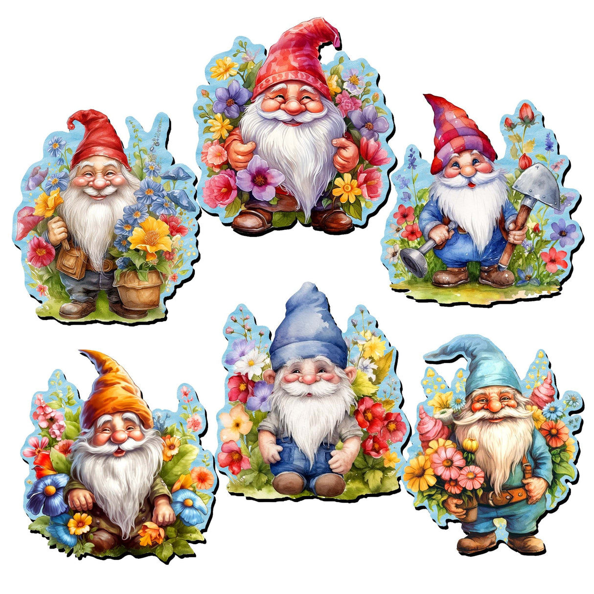 Juego de 6 imanes decorativos de madera con forma de gnomos de jardín de G. Debrekht - Decoración de Pascua y primavera - 8090030G-S6