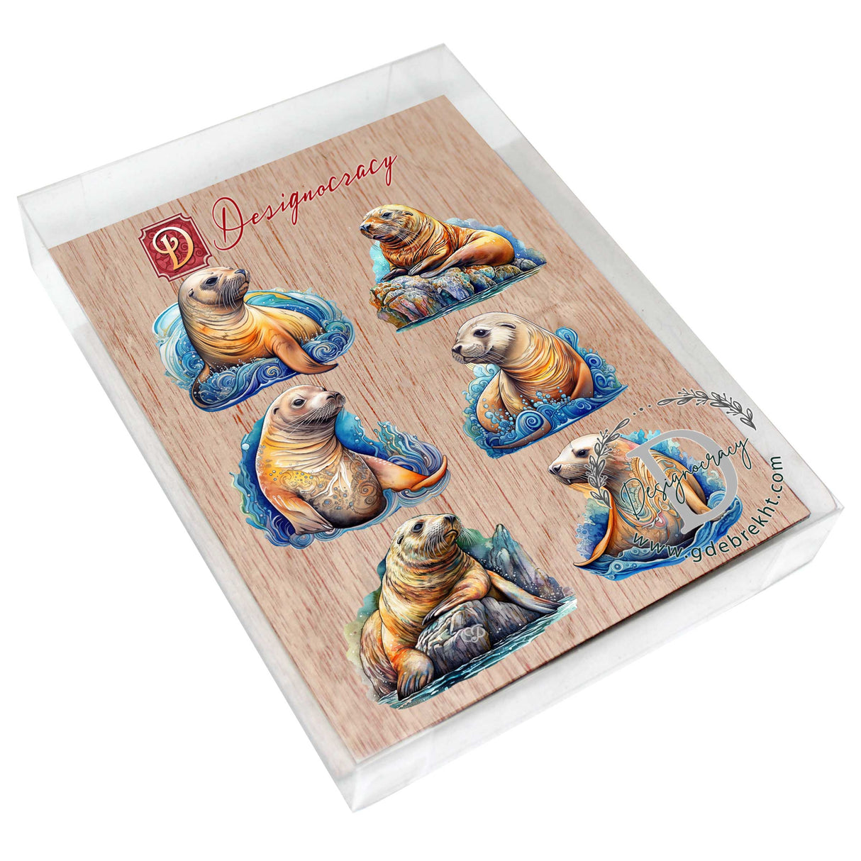 Juego de 6 imanes decorativos de madera con leones marinos de G. Debrekht - Decoración costera con fauna - 8090127G-S6
