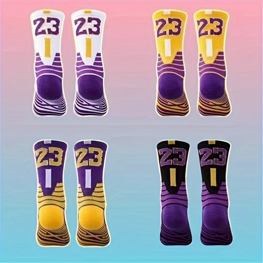 4 Pairs Of Men's Mid Crew #23/24 Sport Socks, Sweat-absorbing Comfy Breathable Socks For Men's Basketball Training, Running Outdoor Activities