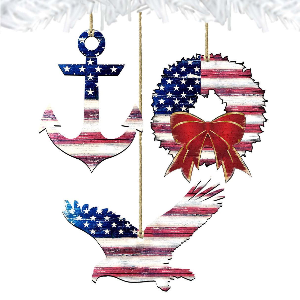 Patriotic Holiday Wreath Wooden Ornaments Set of 3 - American Christmas Decor - 8100039S3