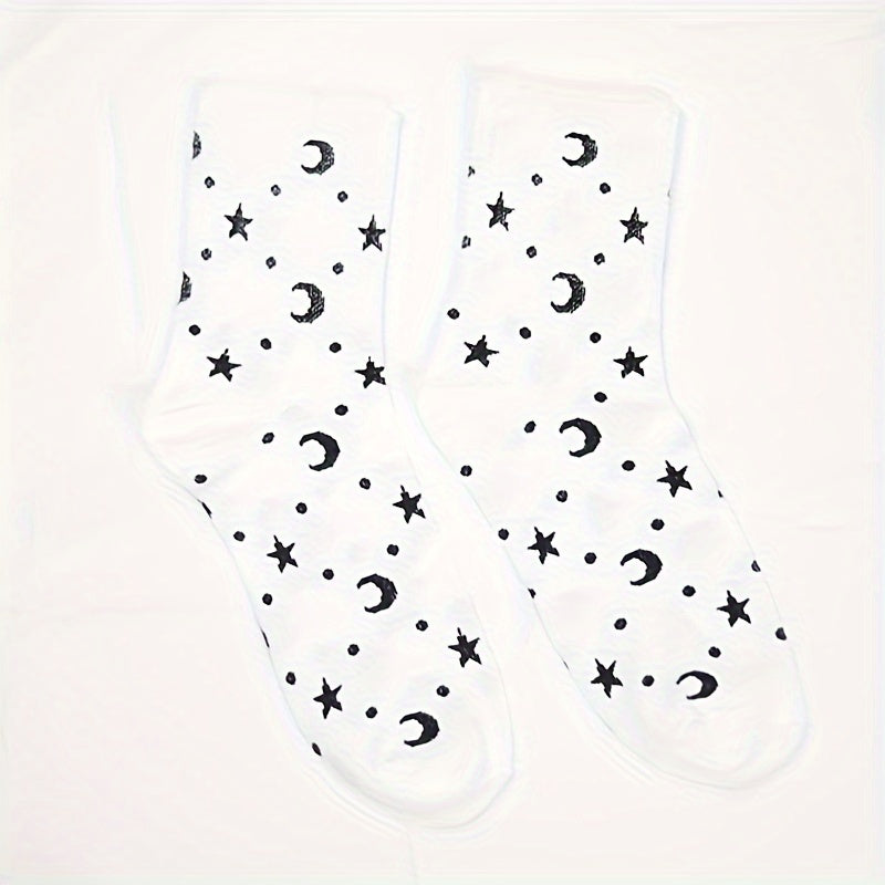 2 pares de calcetines con estampado de estrellas y lunas, cómodos y transpirables, medias de tubo medio para mujer.