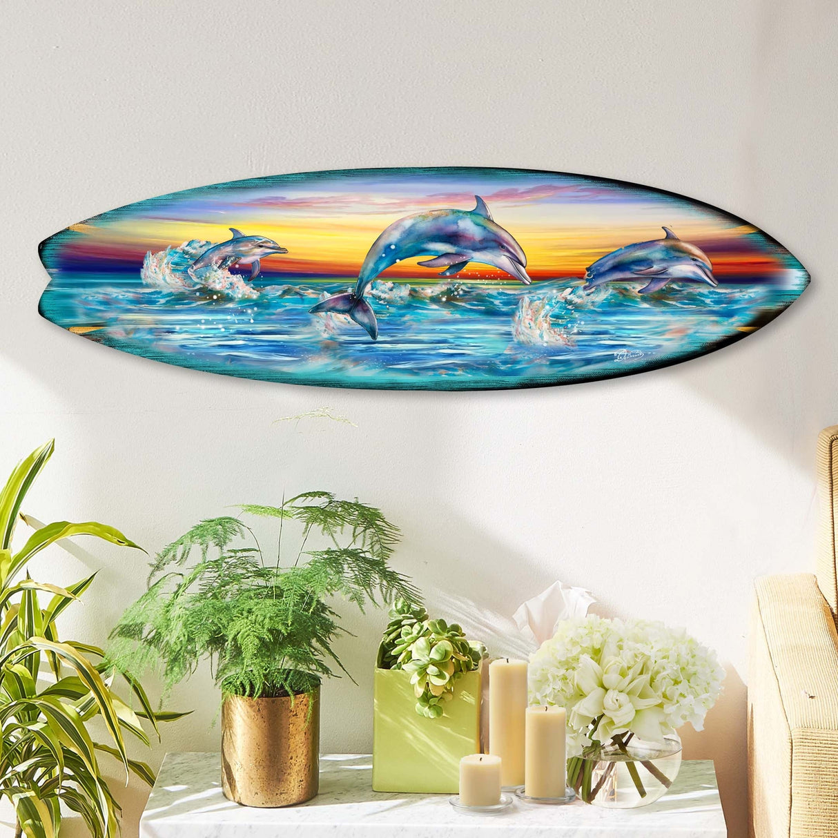 Dolphin's Dance Surfboard Coastal Wall Art by G. DeBrekht - Coastal Holiday Decor - 8490122HS